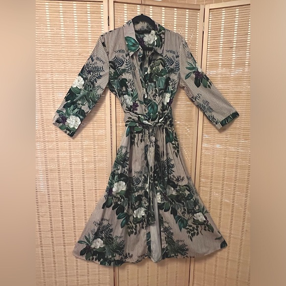 Zara Dresses & Skirts - Shirtdress w/ crisp lines & floral purple, white & deep green & brown stripes.
